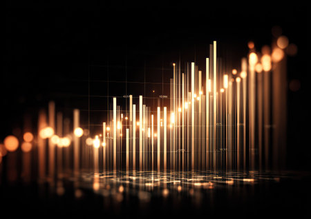 An artistic representation features illuminated vertical lines forming a graph against a dark backdrop. The composition showcases golden highlights and a blurred background, suggesting upward movement and progress. Suitable for visual concepts related to data, finance, or business, it may be used for a variety of editorial or commercial purposes.の素材