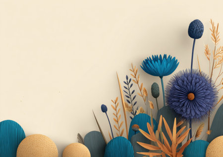 An artistic composition features stylized blue flower illustrations and other botanical elements. The image displays a neutral background, highlighting the vibrant colors and detailed textures of the flowers and plants. Suitable for various applications, this design offers a visually appealing aesthetic.の素材