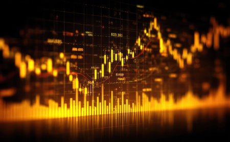 An abstract financial chart glows with golden light, showcasing market data visually. The image uses sharp lines and points of light to create a visual representation of the subject. Potential applications range from business presentations to editorial articles related to finance and investment.の素材