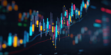 An abstract illustration depicts a financial trading graph with upward movement. The composition features blurred elements and vivid colors, including blue, yellow, and red, against a dark background. This image could be suitable for various commercial purposes, encompassing business and financial content. The design offers visual interest for editorial applications.の素材