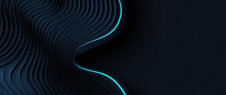 An abstract composition features dark blue wavy lines highlighted by a turquoise neon light. The design presents a modern, dynamic appearance, potentially suitable for digital design, technology, or web backgrounds. This visual could be used for various commercial purposes, including advertising and graphic design.の素材