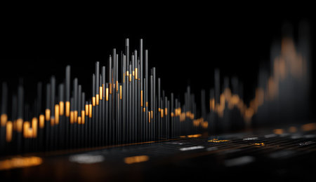 An abstract digital artwork showcases dynamic bar graphs and flowing lines, suggesting data analysis or market trends. The composition features dark tones with accents of gold, creating a futuristic aesthetic. Suitable for commercial projects emphasizing technology, finance, or business presentations, it offers ample copy space.の素材