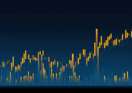 An abstract graphic presents a rising financial chart, its lines and bars rendered in shades of yellow and blue. The digital style composition suggests business and economic activity, possibly suitable for illustrating growth, investment, or market analysis. The dark background enhances the visual prominence of the graphic elements, suitable for various commercial uses.の素材