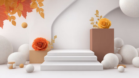 A staged composition showcases a white platform with a backdrop of stylized leaves and floral elements. The scene features soft lighting, spheres, and a gradient color palette of white, brown, and orange. This image is suitable for promotional materials, product presentations, or creative editorial applications.の素材