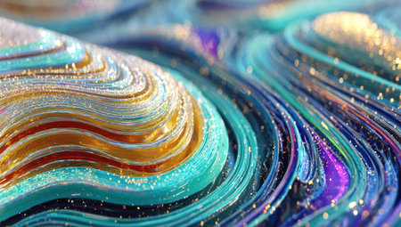 An abstract artwork showcases fluid, wave-like forms with a range of iridescent colors. The image displays textured details, with bands of color and shimmering effects, suggesting movement and depth. This design could be suitable for various creative projects, including digital art, backgrounds, or decorative elements.の素材