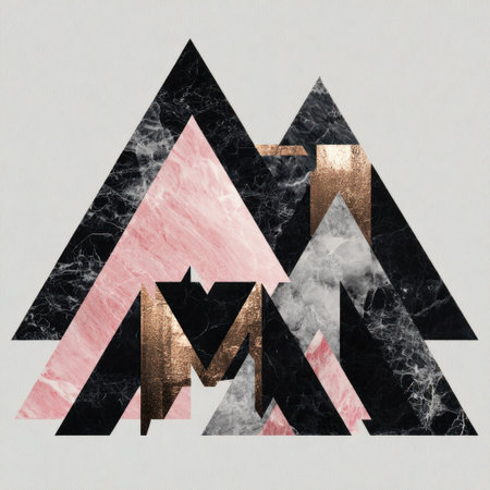 This artwork depicts a stylized mountain range composed of triangular shapes. The visual elements include textures that resemble marble and metallic gold. The composition, set against a neutral background, employs a minimalist aesthetic with bold lines. Ideal for various commercial uses, this image could enhance designs.の素材