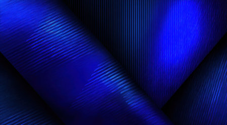 This abstract composition features various shades of blue creating a dynamic, geometric design. Diagonal lines and shadows add depth and texture to the surface. The image exhibits a modern aesthetic with potential uses in design, branding, and digital media applications. The dark setting amplifies the contrast.の素材