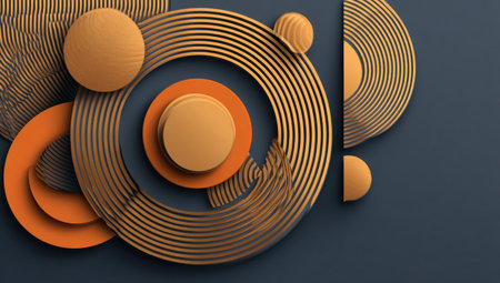 A striking composition features layered circular shapes in various sizes and tones. The design employs a palette of gold and orange against a deep blue background. The textures and lighting give depth, while the overall aesthetic presents a modern and artistic appeal, suitable for diverse commercial applications.の素材