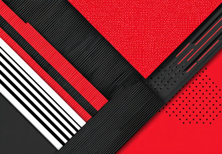 This abstract composition features various geometric shapes in shades of red, black, and white. The artwork presents a textural contrast with elements featuring striped patterns and dotted textures. The image suggests a modern design suitable for diverse uses, potentially in advertising or design projects.の素材