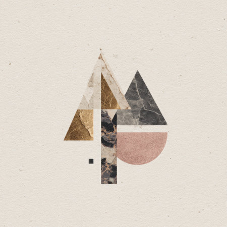 An abstract composition features geometric shapes, including triangles and a half-circle, set against a textured, light background. The artwork incorporates a variety of colors and textures, suggesting depth. The overall style is clean and modern, suitable for design projects, web graphics, and other commercial applications.の素材