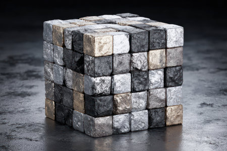 A geometric cube is assembled from smaller, textured blocks, exhibiting a diverse range of grayscale tones. The composition highlights a metallic sheen and an even distribution of light. Suitable for various applications in design, this image presents a modern aesthetic for use in marketing or conceptual projects.の素材