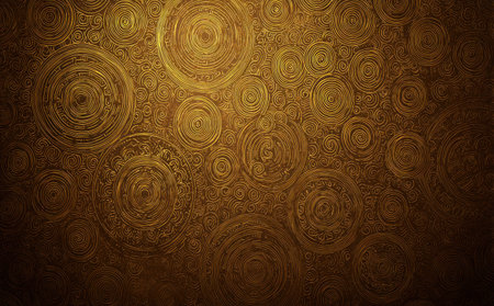 An overhead view reveals an intricate pattern composed of overlapping golden circles. The textured surface presents a warm, rich palette of browns and yellows, enhanced by ambient lighting. This visual could be utilized for backgrounds, decorative elements, or designs across multiple commercial and editorial applications.の素材