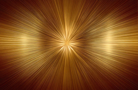 An abstract illustration showcases a central golden light bursting outward from a central point. The visual features radial lines of gold set against a deep brown background. This composition evokes a sense of energy and dynamism with a polished look, suitable for various design projects and visual content creation.の素材