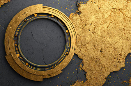 An ornate golden circular frame sits against a textured background. The design features layered rings with a dark center. The image utilizes warm colors, contrasting textures, and strong lighting. It could be used for graphic design, promotional materials, or other creative projects, offering a decorative element.の素材