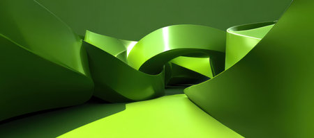 An abstract composition features stylized green ribbons or forms, winding and overlapping. The image utilizes varying shades of green, with smooth textures and interplay of light and shadow, creating a dynamic and flowing aesthetic. Suitable for design, visual communication, or illustrative purposes.の素材