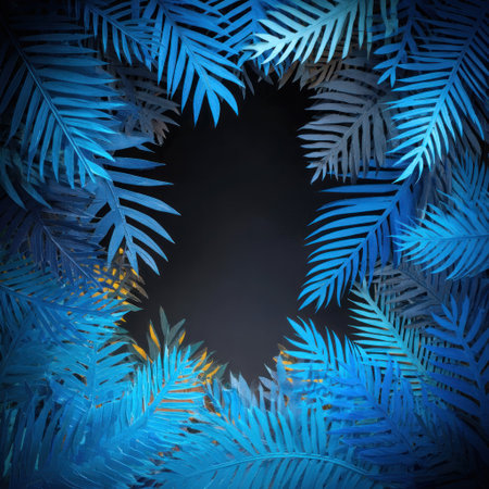 An abstract illustration presents blue leaves arranged in a circular composition, framing a dark central area. The image features a vibrant blue hue with varying shades and textures. The overall design suggests a natural element stylized for decorative or artistic purposes, and suitable for diverse commercial applications.の素材