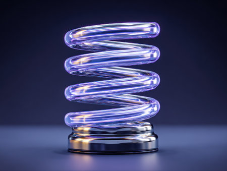 This image showcases a vibrant spring coil illuminated with neon blue light, set against a dark blue background. The metallic base complements the reflective quality of the coil, creating a dynamic visual. It can be used for various commercial projects related to technology, abstract concepts, or design.の素材