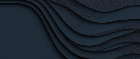 This image showcases a layered dark blue paper background with a captivating wavy pattern. The composition features smooth, curved lines that create a sense of depth and movement. Ideal for use in graphic design, website backgrounds, and marketing materials. This image may be used for a wide range of editorial and commercial applications.の素材