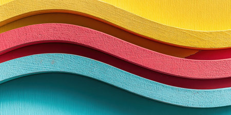 This image presents a vibrant abstract composition of layered, undulating forms. The artwork showcases a range of colors, including yellow, red, and blue, creating a visually dynamic effect. The textures appear smooth, with gentle curves forming the overall design. It is suitable for diverse commercial and editorial applications.の素材