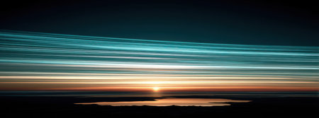 An abstract image depicts luminous bands of light, spanning across a dark, blurred background. The composition shows shades of blue, orange, and black, possibly representing a sunrise or sunset. The style is minimalist with a focus on color and form. Suitable for various design projects and visual concepts.の素材