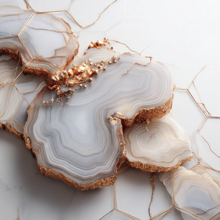 An artistic composition features several agate stone slices with concentric patterns and gold detailing. The image showcases neutral tones of white, gray, and beige against a geometric backdrop. This modern design could be used for decorative elements, product presentations, or editorial content related to art or design.の素材