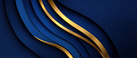 This abstract design features flowing, layered shapes in deep blue and gold tones. The composition showcases a dynamic and elegant aesthetic. The smooth gradients and contrasting colors provide visual interest and depth. Suitable for various design projects, this imagery could be used for editorial and commercial applications.の素材