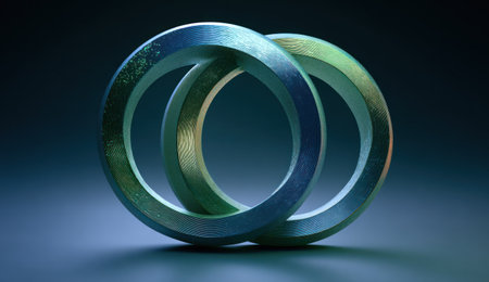 Two interconnected rings are depicted, showcasing a metallic texture with hints of green and blue. The composition, set against a dark backdrop, is illuminated by gradient lighting, creating a three-dimensional effect. This abstract artwork might be suitable for various design projects, web graphics, and editorial content.の素材