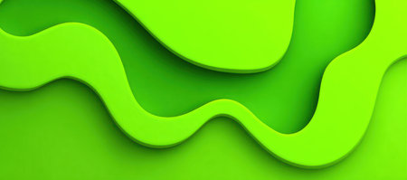 This image presents an abstract composition of overlapping green shapes. The layered design creates depth and dimension. The color palette consists of various shades of green, with smooth textures. This artwork can be utilized for various commercial and editorial applications such as website backgrounds or print designs.の素材