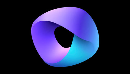 An abstract graphic presents a looped form featuring a gradient of blue and purple hues against a black backdrop. The design utilizes smooth curves and highlights, creating a sense of depth. Its composition is clean and modern. Suitable for diverse applications, including digital content and design projects, with ample copy space available.の素材