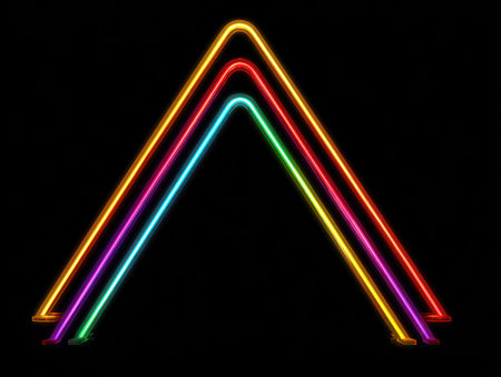This image presents a vibrant composition of layered neon light triangles against a stark black background. The artwork showcases a spectrum of colors, including yellow, red, blue, purple, and green. The geometric shapes and high contrast create a visually striking effect. Ideal for digital art projects, the image can be used for various commercial purposes.の素材