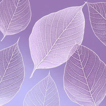 This image presents an abstract arrangement of translucent leaves, showcasing intricate vein structures against a soft gradient background. The composition employs a palette of purple hues and highlights detailed textures. This could be useful for various applications such as decorative elements or design backgrounds, adding a touch of natural elegance.の素材