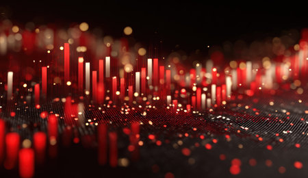 An abstract digital artwork depicts a data visualization using red and white vertical lines. The composition features bokeh effects against a black background. The image presents a modern aesthetic, suitable for use in design, technology, or informational contexts. It implies concepts such as data, finance, and digital communication.の素材