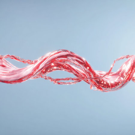 A dynamic composition presents a ribbon of red liquid gracefully moving against a soft blue gradient. The illustration showcases a smooth, glossy texture and a fluid appearance. The artwork suggests the concept of energy and flow, suitable for creative projects or visual marketing, conveying modern aesthetic.の素材