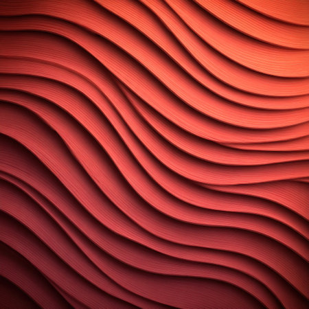 This image presents an abstract pattern of overlapping waves in shades of red. The design features a textured appearance, possibly created by shadows and lighting. The composition is likely digitally rendered. It could be used for backgrounds, graphic design, and artistic projects.の素材