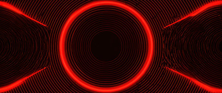 An abstract composition features a central red neon circle with radiating lines against a dark backdrop. The visual elements suggest a sense of depth and energy. The design could be used in various commercial applications, including technology, web design, or editorial projects for visual impact.の素材