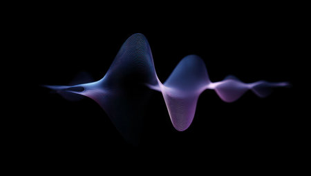 An abstract graphic presents a sound wave form, rendered with gradients of purple and blue hues. This digital artwork features a smooth, flowing composition on a stark black backdrop. Its visual style suggests a modern and technological theme, suitable for various uses.の素材