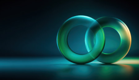 This image features two overlapping, transparent rings rendered in an abstract style. The rings display gradients of green and blue, highlighted against a dark background, with lighting that suggests depth. This visual composition could be used for various commercial and editorial applications, especially where a modern or futuristic aesthetic is desired.の素材