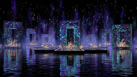 An illuminated stage features geometric structures reflecting on water. The scene incorporates purple and blue hues with vibrant light displays. The overall composition suggests a nighttime environment with a focus on visual elements suitable for entertainment or promotional use.の素材