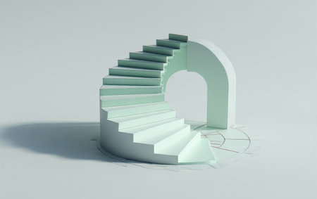 A minimalist design features a spiral staircase and archway in a monochromatic color palette. The composition presents a serene atmosphere, highlighted by soft lighting and clean lines. This conceptual artwork could be utilized in various commercial projects, including marketing materials and website designs.の素材
