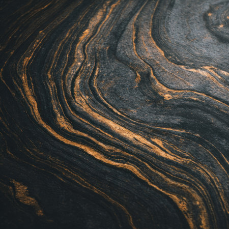 An overhead shot reveals a detailed abstract composition dominated by flowing lines and organic forms. The image features a dark background interspersed with contrasting gold elements, creating a sense of depth. This visual display could be used for various purposes such as design projects and backgrounds.の素材