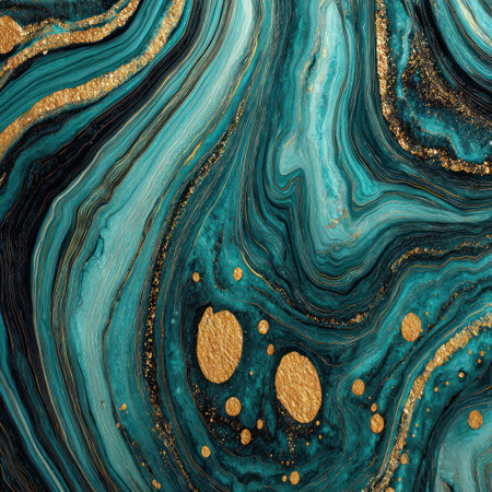 This image presents an abstract design featuring swirling patterns of teal and gold. The composition displays organic shapes and textures, with variations in tone and depth. This artwork could be used in a range of design projects, offering visual interest for backgrounds and decorative elements.の素材