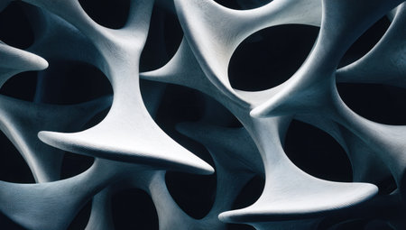 An abstract composition features interconnected white forms set against a deep black backdrop. The shapes display a smooth, curved aesthetic, emphasizing a sense of depth through their arrangement. This modern visual presentation could be suitable for use in design projects, advertising campaigns, or as a creative background element.の素材