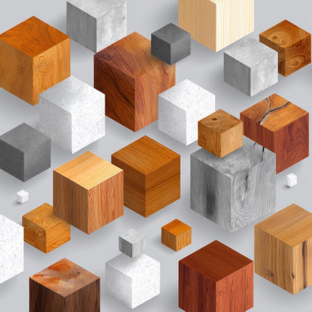 An overhead view reveals an assortment of wooden cubes, each displaying unique textures and tones. The cubes, ranging in color from light to dark, are scattered across a neutral backdrop. The composition is likely suitable for illustrating concepts related to design, construction, or abstract art, with potential use in marketing or editorial projects.の素材