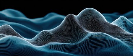 An abstract illustration depicts wavy formations rendered with digital lines. The artwork features a gradient of dark blue hues, enhancing the sense of depth. This composition offers a modern aesthetic, suitable for a range of uses, from web design elements to conceptual visuals in various commercial contexts.の素材