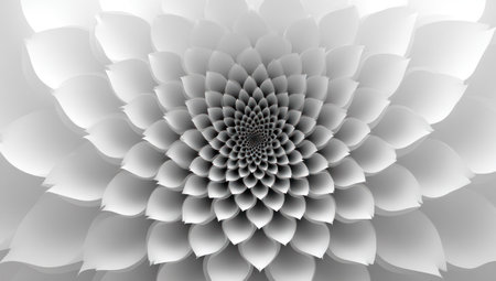 An overhead close-up showcases a white flower with meticulously arranged petals forming a geometric pattern. The image features high-key lighting, emphasizing the textures and shades of white. Suitable for various design applications, it conveys elegance and natural beauty, potentially ideal for editorial and commercial projects.の素材