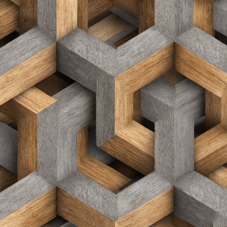 This image showcases an intricate abstract pattern comprised of intertwined wooden and concrete elements. The composition features a repeating geometric design with a three-dimensional appearance, displaying a mix of warm wood tones and cool gray concrete. This visual can be utilized for various commercial and editorial applications, offering a modern aesthetic.の素材