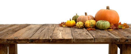 An assortment of pumpkins and gourds rests on a weathered wooden table. The composition includes various shapes, sizes, and colors of these seasonal items. Warm tones dominate, suggesting a harvest or autumn theme, enhanced by scattered leaves. The image may be suitable for illustrations of food, decorations, or fall celebrations.の素材