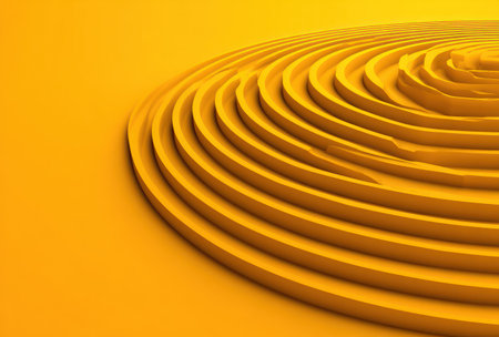 An abstract image showcases a spiral design in varying shades of yellow. The composition features concentric circles creating a three-dimensional effect. The lighting suggests a soft illumination across the surface. This image is suitable for various commercial uses, including website backgrounds and marketing materials.の素材