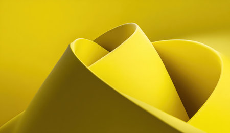 A close-up shot showcases layered yellow paper sheets forming abstract shapes. The composition features smooth curves and subtle shadows suggesting depth, highlighted by soft lighting. This versatile image could be used for various design projects, web backgrounds, or presentations requiring a vibrant and clean visual.の素材