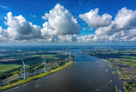 An aerial perspective showcases wind turbines aligned along a riverbank. The turbines stand tall against a backdrop of a bright blue sky filled with fluffy white clouds. The river flows through lush greenery. This image might be suitable for illustrating topics related to renewable energy or environmental themes.の素材